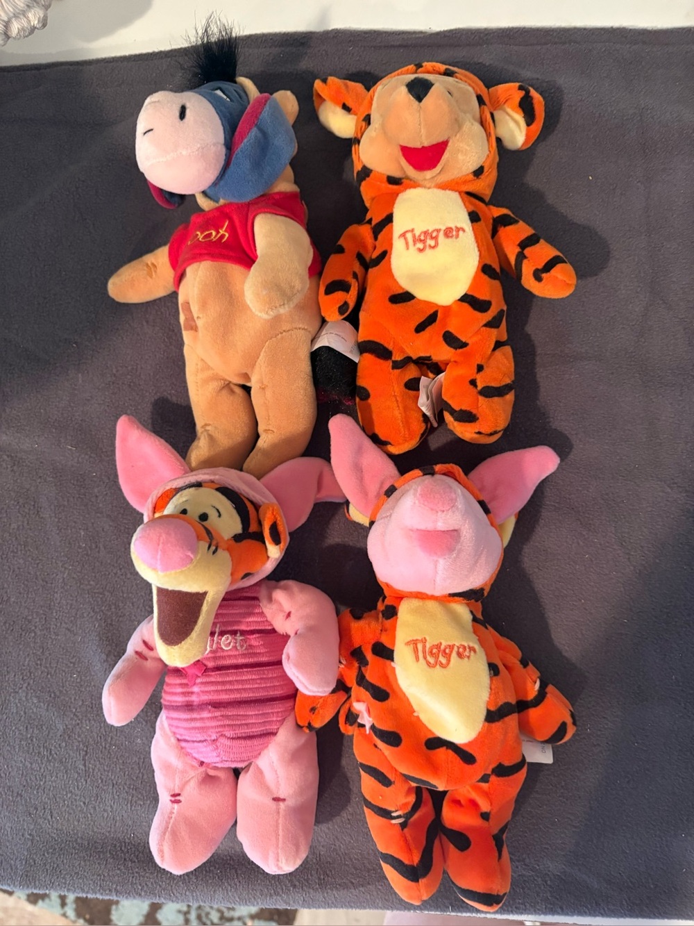 Vintage Disney store Winnie the Pooh characters in costumes, bean bag babies